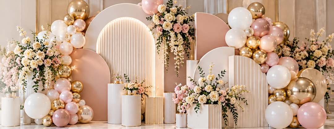 Blush and champagne balloon arch with floral backdrop